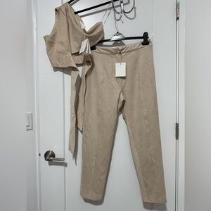 MISHA Dana Suede Top & Panette Pants Set in Buff, Size US 8, NWT